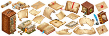 Set Isometric Books Of Magic Spells And Witchcraft, Royal Scrolls And Parchments, Old Sheets Of Paper Post Paper Envelope Sealed With Wax Seal For Computer Game. Isolated 3d Vector Illustration.