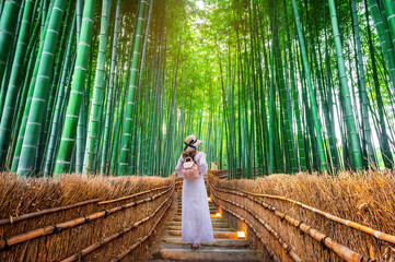 Wall Mural - Woman walking at Bamboo Forest in Kyoto, Japan.