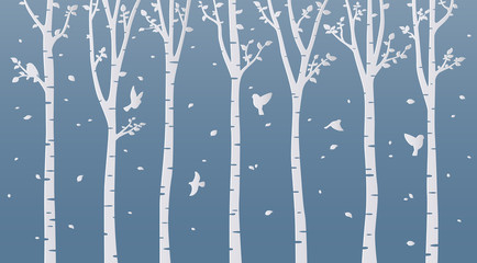 Paper art birch tree on blue background