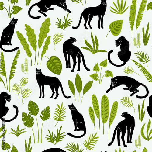 Cuadros en Lienzo Vestor seamless pattern with panthers and tropical leaves.