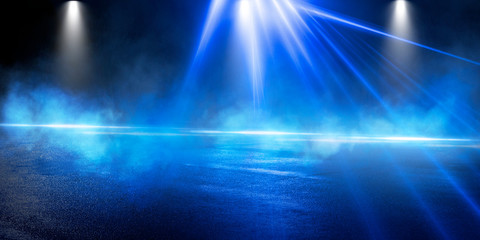 background of the room with concrete pavement. blue and pink neon light. smoke, fog, wet asphalt wit