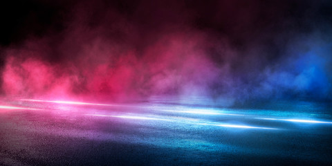 Wall Mural - background of the room with concrete pavement. blue and pink neon light. smoke, fog, wet asphalt wit