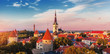 Aerial view of Tallinn old town on sunset time. Estonia