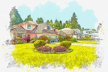 Watercolor Sketch Or Illustration Of A Beautiful Residential Country Or Suburban Home. Real Estate Or Modern Housing