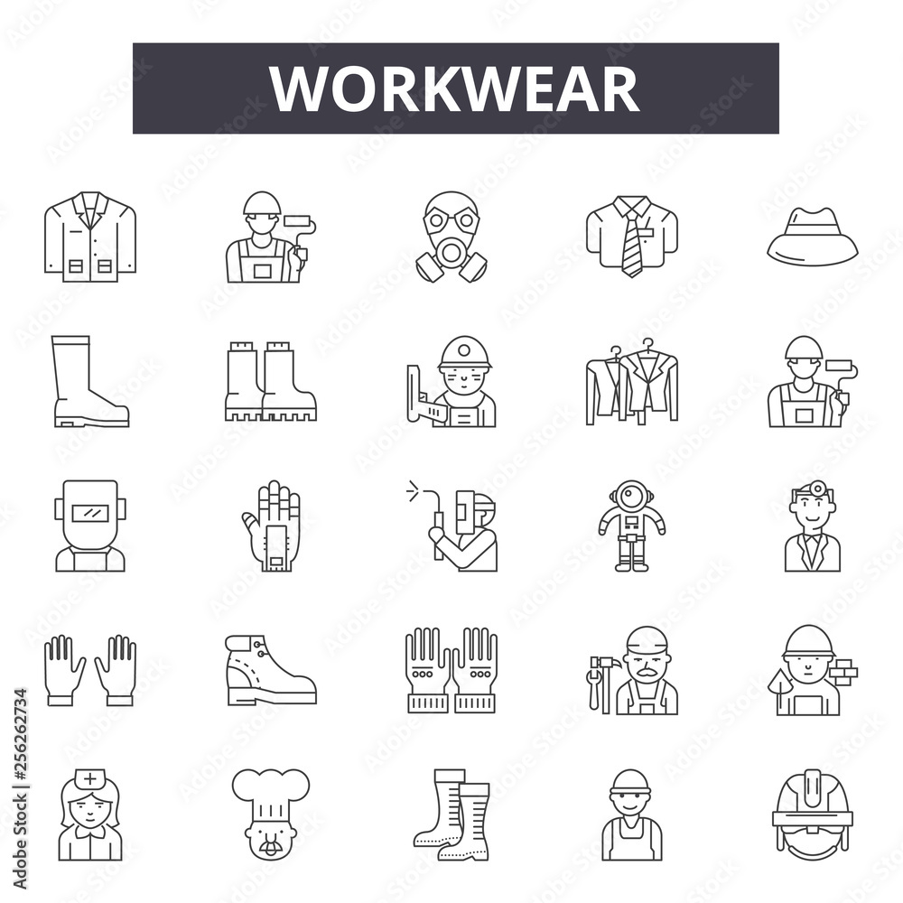 Workwear line icons for web and mobile. Editable stroke signs. Workwear  outline concept illustrations - obrazy, fototapety, plakaty 