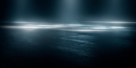 Wall Mural - wet asphalt, reflection of neon lights, a searchlight, smoke. abstract light in a dark empty street 