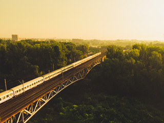 Poster - Train on bridge Warsaw city day 