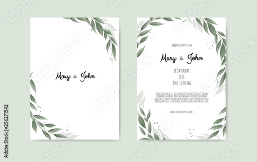 Botanical wedding invitation card template design, white and pink flowers on ...