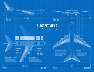 Wall Mural - Outline Airplane Views Blueprint 