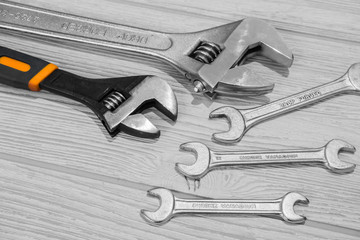 adjustable spanners and wrenches on the table