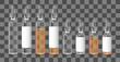 Realistic transparent brown and white medicine ampoule with label. Vector ampule mockup set.