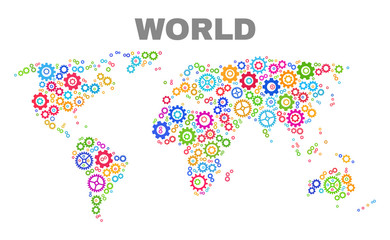  Mosaic technical world map isolated on a white background. Vector geographic abstraction in different colors. Mosaic of world map combined of random multi-colored cog items.
