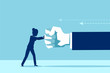 Vector of a woman fighting back a giant fist, protecting herself from work abuse