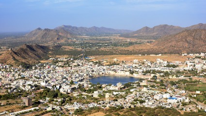 Wall Mural - panorama view from Papmochani Mata Hindu Temple to Pushkar city with holy lake in the center, Rajasthan, India