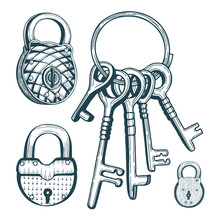 Bunch Of Vintage Keys And Padlocks. Locks And Keys Illustrations Set. Old Style Sketch Drawing Padlocks And Keys Bunch Collection.