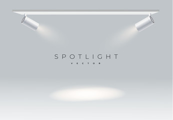 Wall Mural - two spotlights realistic on panel with bright white light shining stage vector set. illuminated effe
