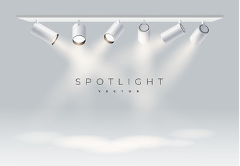Wall Mural - six spotlights realistic random direction on panel with bright white light shining stage vector set.