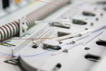 Fototapete - worker comunicate fiber optic cable at opto box. installing new network equipment
