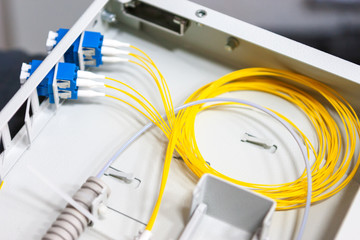Fototapete - worker comunicate fiber optic cable at opto box. installing new network equipment