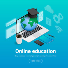 Wall Mural - Online education isometris banner planet