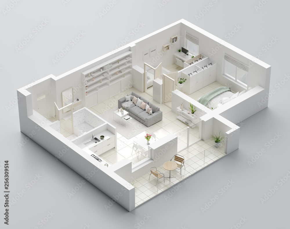 3D Floor plan of a home, 3D illustration. Open concept living apartment layout - obrazy, fototapety, plakaty 
