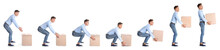 Collage Of Man Lifting Heavy Cardboard Box On White Background. Posture Concept