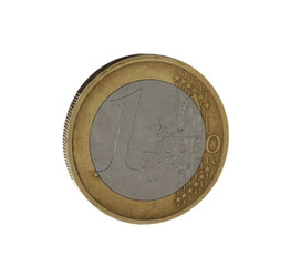 Shiny one euro coin on white background