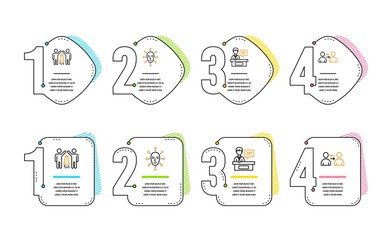 Poster - Face biometrics, Exhibitors and Partnership icons simple set. Communication sign. Facial recognition, Information desk, Business startup. Users talking. People set. Infographic timeline. Vector
