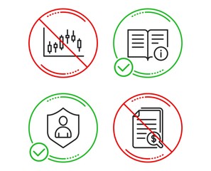Poster - Do or Stop. Candlestick graph, Technical info and Security icons simple set. Financial documents sign. Finance chart, Documentation, Private protection. Check docs. Line candlestick graph do icon
