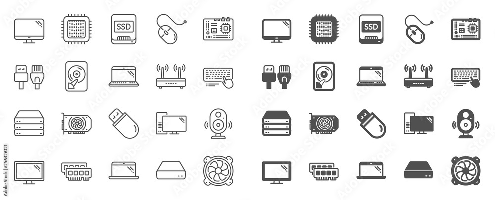 Computer components, Laptop, SSD line icons. Motherboard, CPU, Internet cables icons. Wifi router, computer monitor, Graphic card. Keyboard, SSD device. Internet cables, laptop components. Vector - obrazy, fototapety, plakaty 