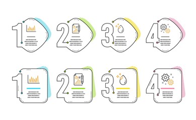 Poster - Water drop, Line graph and Report document icons simple set. Work sign. Crystal aqua, Market diagram, Growth chart. Settings. Science set. Infographic timeline. Line water drop icon. Vector