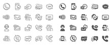 Processing Line Icons. Set Of Callback Or Feedback, Call Support And Chat Message Icons. 24 Hour Service, Call Centre, 24/7. Telephone Callback, Support Message, Feedback Phone Center. Vector