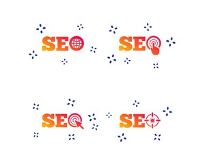 Poster - SEO icons. Search Engine Optimization symbols. World globe and mouse or hand cursor pointer signs. Random dynamic shapes. Gradient seo icon. Vector
