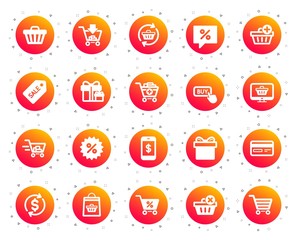 Wall Mural - Shopping icons. Gift box, Present coupon and Sale offer tag signs. Shopping cart, surprise gift and Delivery symbols. Speech bubble, Discount tag coupon , Credit card. Online sale. Vector