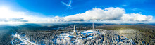 Germany, Hesse, Schmitten, Aerial View Of Grosser Feldberg, Aerial Mast Of Hr And Viewing Tower In Winter