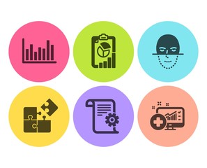Poster - Technical documentation, Report and Bar diagram icons simple set. Face recognition, Puzzle and Medical analytics signs. Manual, Presentation chart. Science set. Flat technical documentation icon