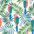 Seamless repeat pattern with tropical leaves and colorful ara parrots in sophisticated colors