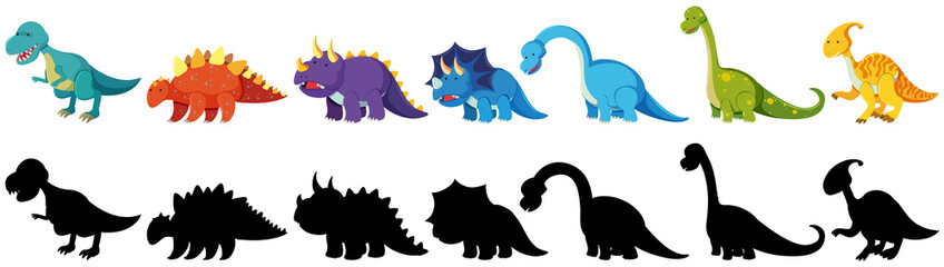 Poster - set of black and coloured dinosaurs