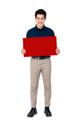 Wall Mural - Young smiling handsome Asian man holding blank red board