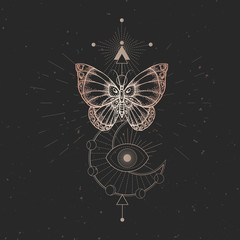 Vector illustration with hand drawn butterfly and Sacred geometric symbol on black vintage background. Abstract mystic sign.