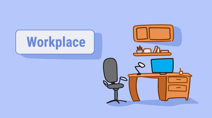 Poster - empty workplace with armchair laptop on desk office furniture sketch doodle horizontal