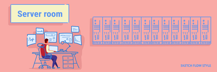 Poster - man sitting workplace desk working in data center room hosting server computer monitoring concept information database rear view worker sketch flow style horizontal banner