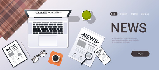 Poster - mass media news concept top angle view desktop laptop smartphone tablet newspaper office stuff horizontal copy space