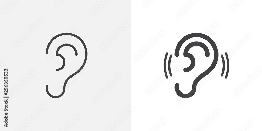 Ear, hearing icon. line and glyph version, outline and filled vector sign. Human ear organ linear and full pictogram. Symbol, logo illustration. Different style icons set - obrazy, fototapety, plakaty 