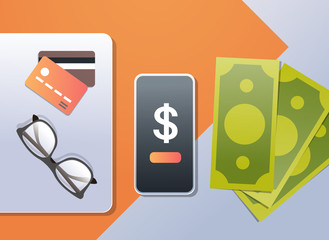 Poster - online mobile app money concept top angle view desktop smartphone credit card paper banknote office stuff horizontal