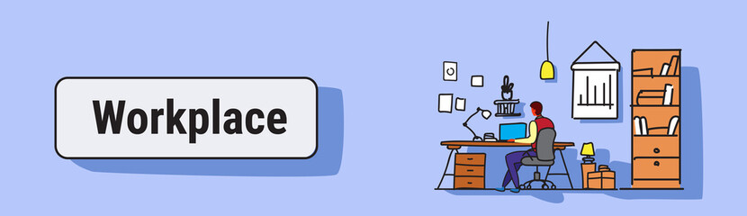 Poster - man using laptop sitting workplace desk concept working cabinet furniture modern office interior design sketch doodle horizontal banner