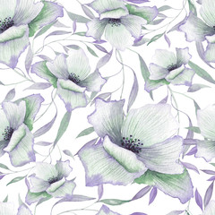  Watercolor floral seamless patterns with purple, lilac, pink flowers, buds, green leaves, branches and twigs for wedding cards, invitations