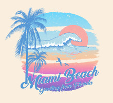 Colorful Poster With Palm Trees And Miami Beach Inscription. T-shirt Print, Summer Design For Youth, Teenagers.