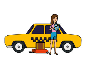 Canvas Print - tourist woman with suitcases and taxi