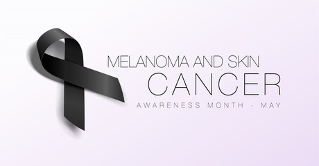 Melanoma and Skin Cancer Awareness Calligraphy Poster Design. Realistic Black Ribbon. May is Cancer Awareness Month. Vector